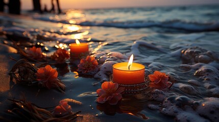 Burning candles on the beach next to flower petals against a sunset background. Warm and calming atmosphere. - obrazy, fototapety, plakaty