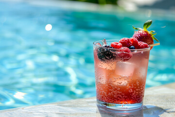 fruity cocktail with and from summer fruits, pool in the background - obrazy, fototapety, plakaty