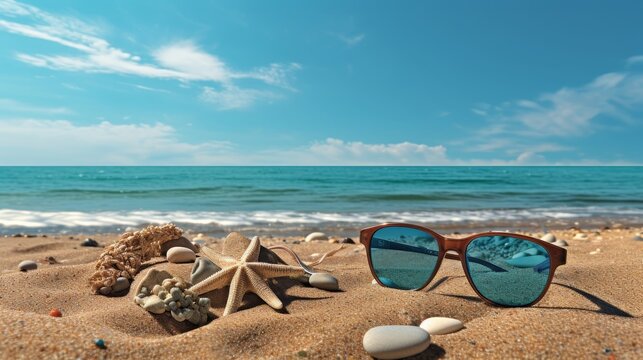 The image is about a pair of retro sunglasses, seashells and starfish on the sandy beach with the blue ocean in the background. The composition is retro, vintage, and minimalistic.