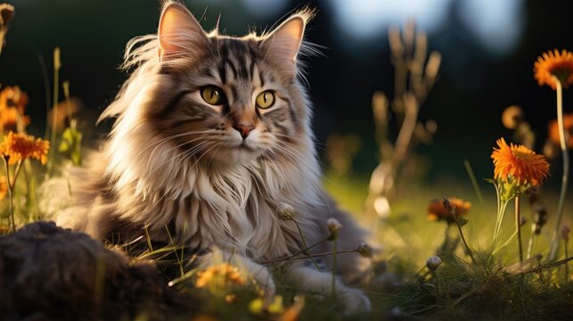 A beautiful adult fluffy cat sits on the grass in a forest clearing. Favorite pets.