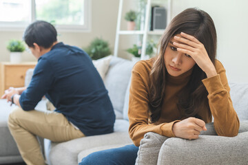 Fototapeta premium Breakup and depressed, asian young quarrel couple love fight relationship in trouble. Different people are emotion angry. Argue wife has expression upset with husband. Problem of family people.