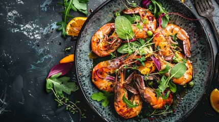 Juicy shrimp combined with aromatic herbs on black background