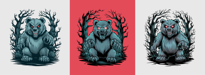 Scary bear in swamp vector illustration, Halloween horror bear T-shirt design. Generative AI