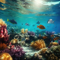 Colorful underwater world with corals and marine life.