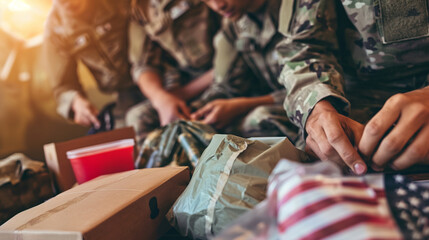 Veterans assembling care packages for deployed soldiers, a gesture of support and solidarity on Memorial Day, with copy space - obrazy, fototapety, plakaty