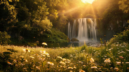Waterfall landscape at sunrise in lush green forest, spring flowers in foreground, fireflies all around.Perfect for backgrounds, wallpapers, prints