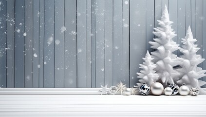 Festive New Year's composition with snow-covered fir trees on a wooden background.