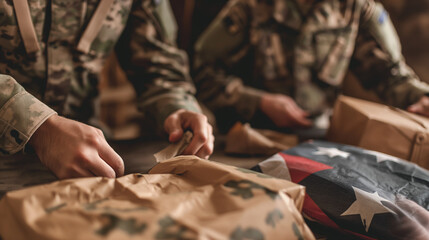 Veterans assembling care packages for deployed soldiers, a gesture of support and solidarity on Memorial Day, with copy space