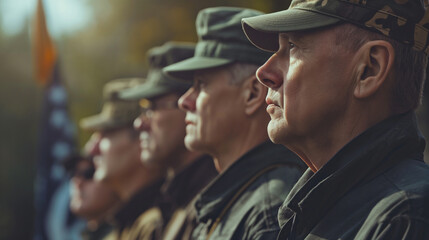 A group of veterans standing in formation, holding a moment of silence for fallen comrades, Memorial Day, with copy space - obrazy, fototapety, plakaty
