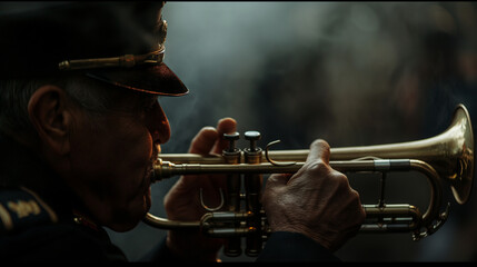 A veteran playing Taps on a bugle, a haunting melody that echoes the sacrifices remembered on Memorial Day, with copy space