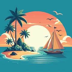 Fototapeta na wymiar free vector Boat sail and Beach island tree sunset landscape vector illustration 