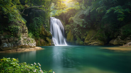 Fototapeta na wymiar Waterfall landscape in lush green forest, spring flowers in foreground, fireflies all around.Perfect for backgrounds, wallpapers, prints