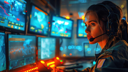 Night Watch, Woman in headset at monitoring station, Security Operations