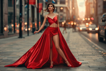 Fototapeta na wymiar Beautiful fashion model in red dress with long train, high heels and short hair posing on the street
