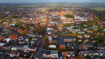 Aerial of the old town in the city Coesfeld on an overcast day in autumn in Germany.	