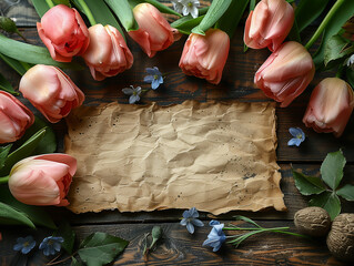 Tulips and rustic mockup. Elegance when advertising. Arte com IA