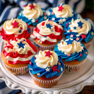 Patriotic cupcakes with red, white, and blue frosting and star decorations. Concept of the image could be used for Independence Day celebrations, bakery marketing, or holiday-themed events