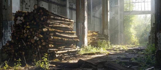 Abandoned factory with a stack of wood