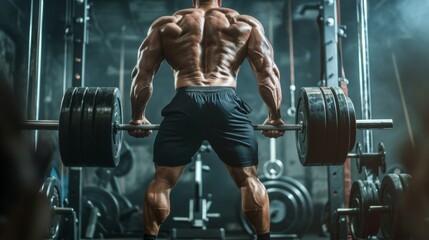Fototapeta na wymiar Muscular bodybuilder lifting heavy weights during deadlift in a stylish and modern gym