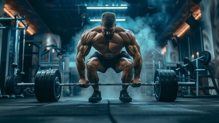 Fototapeta na wymiar Muscular bodybuilder lifting heavy weights during deadlift in a stylish and modern gym