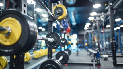 Fototapeta premium Weightlifting room in a well equipped gym with clean modern equipment