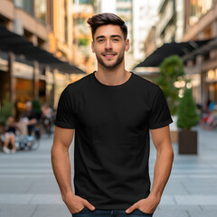 Fototapeta premium Male Model in Black Shirt in the City - Generative AI