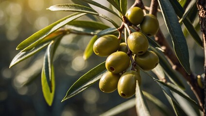 Close-up of raw green olives hanging from the branch of the olive tree with sunlight and blurred background