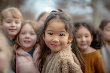 Fototapeta premium A group of young girls are smiling and posing for a picture. Scene is happy and friendly