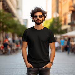 Male Model in Black Shirt in the City - Generative AI