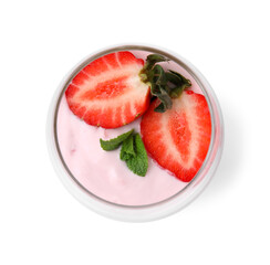 Glass with yogurt, strawberries and mint isolated on white