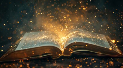 Magical open book with golden particles emanating from its pages