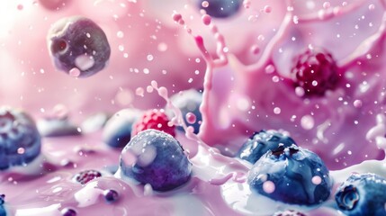 Obraz na płótnie Canvas Blueberry pieces falling into milk, with splashes of fruit and milk frozen in motion against a bright, blurry background