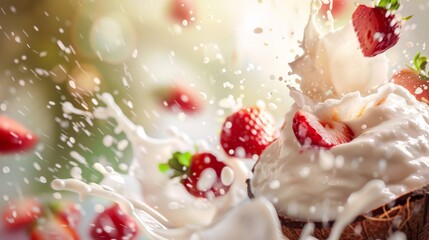 Splashes of fruit and milk frozen in motion on a bright, blurred background