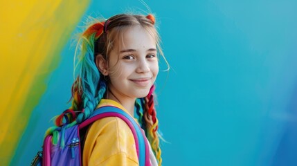 Joyful Child with Rainbow Hair. A child's vibrant personality shines through her smile, accentuated by her colorful rainbow-dyed hair, colored strands of hair