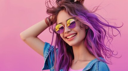 A spontaneous moment captured as a young woman with electric purple hair laughs, her joy as vivid as her colorful locks
