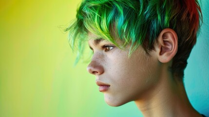 Teenager with striking green hair projects quiet confidence, blending modern expression with timeless adolescence