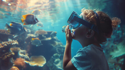 child looking through binoculars underwater discovery.
