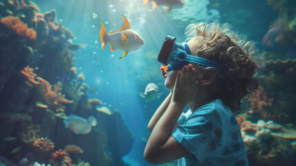 child looking through binoculars underwater discovery.