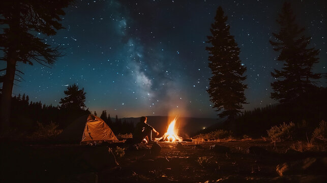 A crackles fire illuminates the night forest landscape under a starry sky