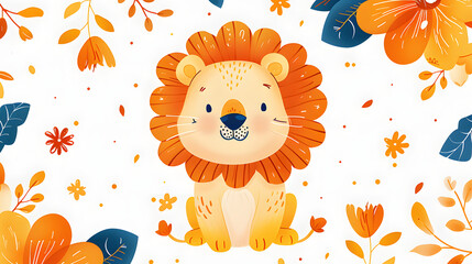 A cute little lion, cartoon pattern for children's clothes, decorative elements scattered around the lion, flat drawing