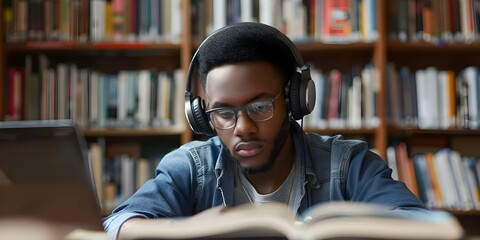 Focused Black man with headphones studying online in a virtual lecture. Concept Online Learning, Black Community, Virtual Education, Headphones, Studying