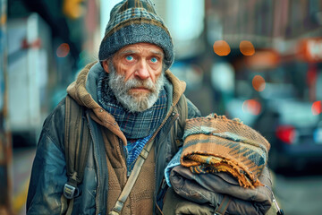 Urban Despair, Homeless man on city streets, Social Issue - obrazy, fototapety, plakaty