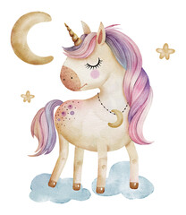 Cute cartoon unicorn on a cloud, watercolor illustration hand painted. - 759789217