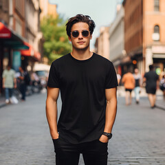 Fototapeta premium Male Model in Black Shirt in the City - Generative AI