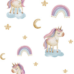 Seamless pattern with cute cartoon unicorns, rainbows, clouds and stars. watercolor illustration  - 759789435