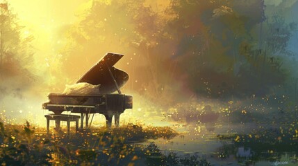 Enchanted Piano in a Misty Forest, Perfect for Music and Fantasy-Themed Designs - obrazy, fototapety, plakaty