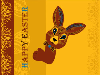 Easter. Rabbit peeking out. Yellow-brown background with ornament
