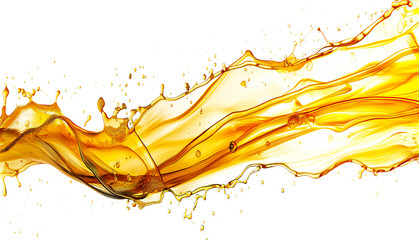 Oily liquid or oil splash isolated on white background, horizontal wave of yellow oil and ink moving in one direction, horizontal wavy lines of engine still life with liquid, generative ai