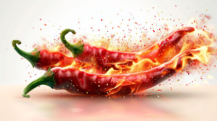 red hot chili peppers in fire flame isolated on white background 