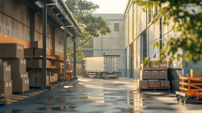 Sunlit Warehouse Exterior with Truck Loading, Ideal for Business Logistics and Transport